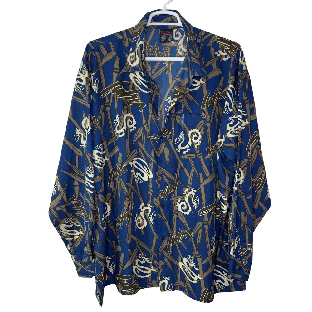 Vintage FUBU Y2K Men's 3X Button Down‎ Shirt Dragon Bamboo Print Blue Streetwear